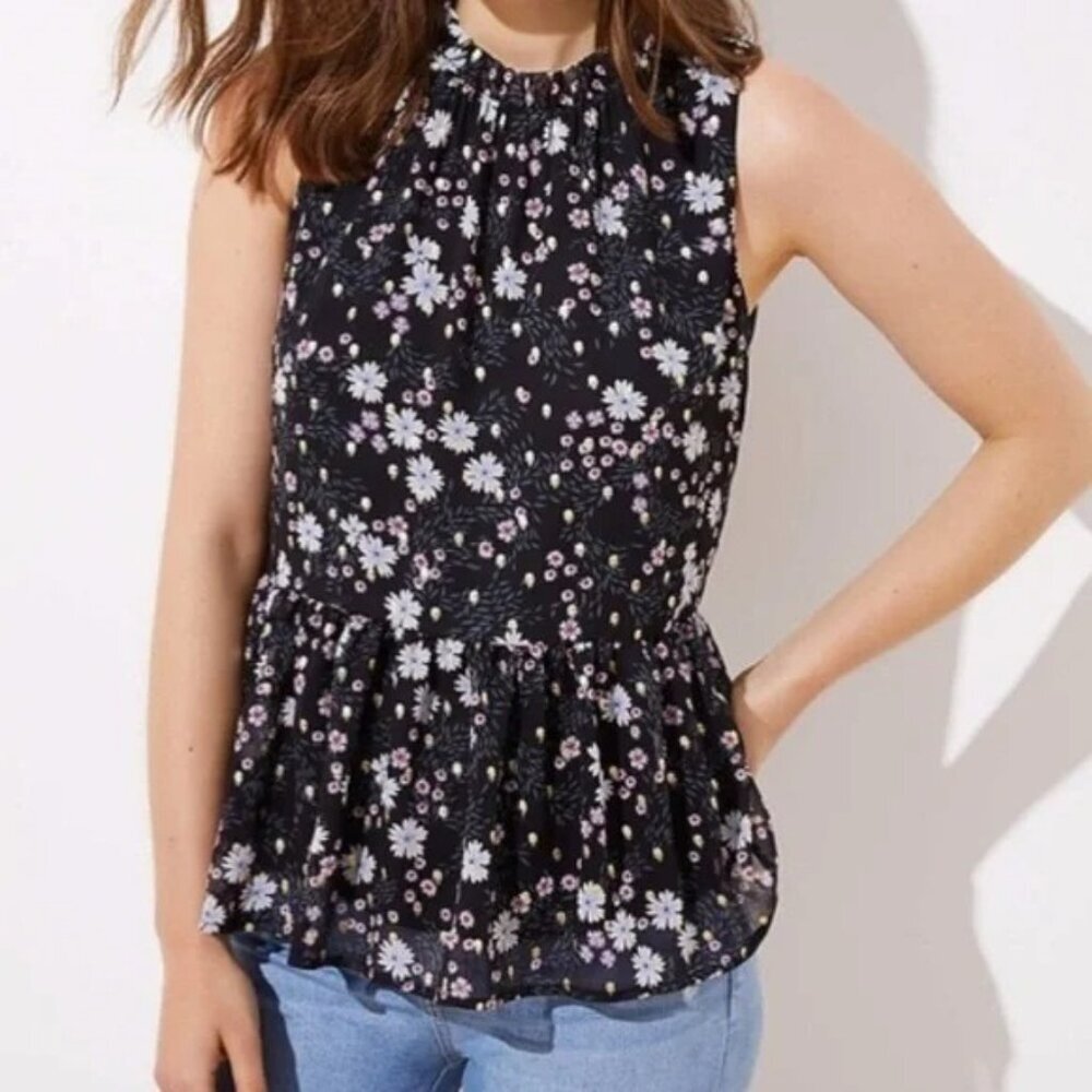 2/$30 LOFT Petite Floral Print High Neck Sleeveless Peplum Top Black XXSP #A1699